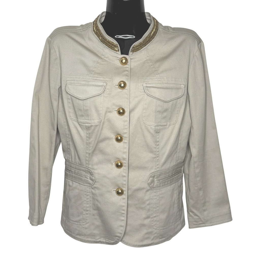 Michael Michael Kors Military Jacket Womens 12 Khaki Beaded Collar Gold Buttons